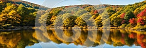 Colorful palette of autumn, focusing on a tranquil lake reflecting the vibrant foliage
