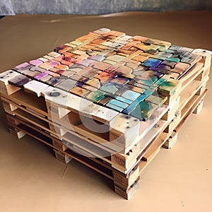 Colorful Pallet Of Wood Pieces In Liquid Emulsion Printing Style