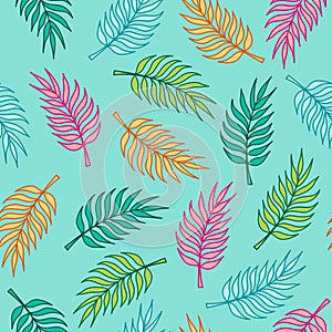 Colorful palm tree leaves seamless pattern on turquoise background. Great for wallpaper, backgrounds, invitations, packaging,