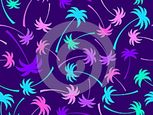 Colorful palm trees seamless pattern. Summer time, wallpaper with tropical palm trees on purple background. Design for printing t-