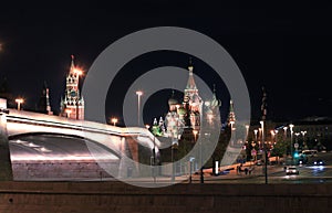 Colorful panorama of the Moscow Kremlin at night. Night city lights