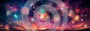 Colorful panoramic view of fireworks over night sky