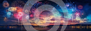 Colorful panoramic view of fireworks over night sky