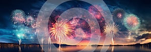 Colorful panoramic view of fireworks over night sky