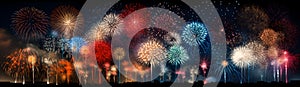 Colorful panoramic view of fireworks over night sky wide banner background