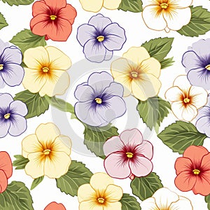 Colorful Pansy Floral Seamless Pattern On White Background
