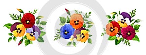 Colorful pansy flowers bouquets. Set of vector illustrations.