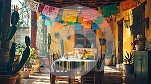 Colorful papel picado banners hanging in a cozy indoor space, with green plants adding a lively contrast to the festive