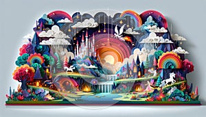 Colorful paper art fantasy landscape illustration