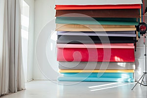 Colorful paper backgrounds in the interior of a photo studio