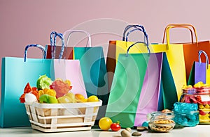 Colorful paper bags with purchases are on the table. Shopping