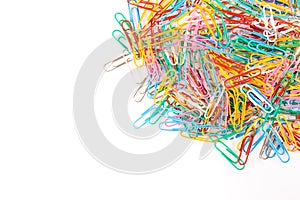 A colorful paper clip arranged nicely isolate on a white background. Close up shot.