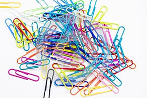 Colorful paper clips random on white background