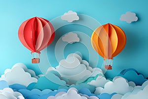 Colorful Paper Craft Balloons on a Pastel Sky Background. Generative ai