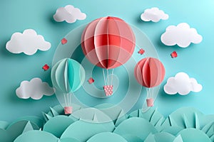 Colorful Paper Craft Balloons on a Pastel Sky Background. Generative ai