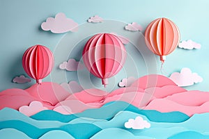 Colorful Paper Craft Balloons on a Pastel Sky Background. Generative ai