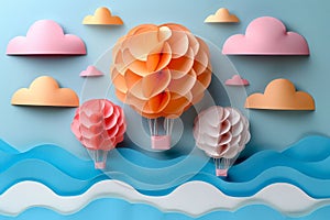 Colorful Paper Craft Balloons on a Pastel Sky Background. Generative ai