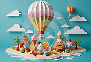 Colorful paper craft scene depicting hot air balloons, ice cream and fruity sweets