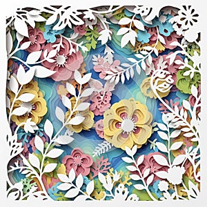 Colorful paper-cut artwork featuring layered floral and botanical elements. Prominent