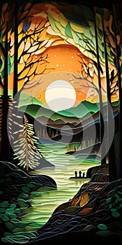 Colorful Paper Cut Out Of A Lake With Trees And Sun