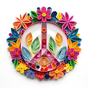 colorful paper cut pacifist peace symbol with flowers on white