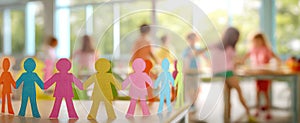The colorful paper cutouts representing unity in a vibrant classroom setting..AI generated image photo