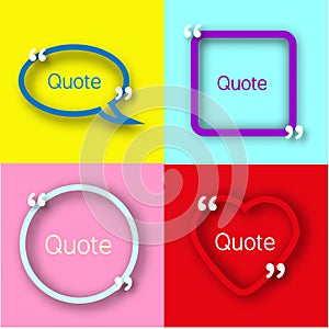Colorful paper Frames with commas for your text. Quote bubbles in realistic style on bright backgrounds. Design template