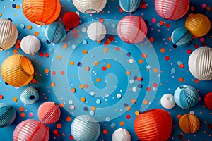 Colorful Paper Lanterns and Confetti on Blue Background Festive Decoration Concept