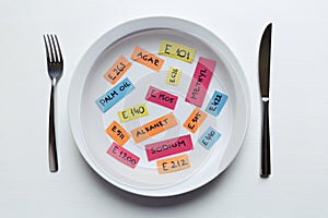 Colorful paper notes naming food additives on plate with fork and knife, food additive and unhealthy food concept