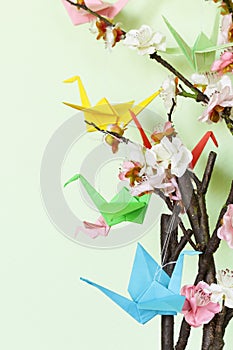 Colorful paper origami birds on flowering branches of cherry