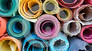 Colorful paper rolls arranged in a pattern, vibrant and bright, perfect for art projects and decoration. craft supplies