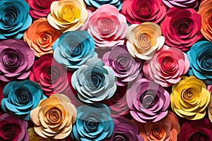 Colorful paper roses background. Close up of colorful paper flowers. Backdrop of colorful paper roses, AI Generated