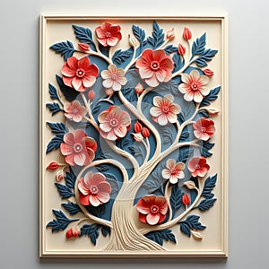 Colorful paper sculpture of a flower tree on a grey wall