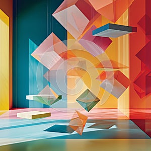 A colorful paper shapes are suspended in the air on a wall, AI