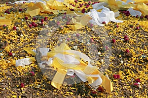 Colorful papers and petals for decorating the Chinese ancestor's grave