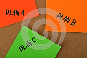 Colorful papers with text PLAN A, PLAN B and PLAN C. Rethinking Strategy concept