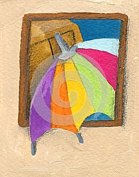 Colorful parasol peeping through the window