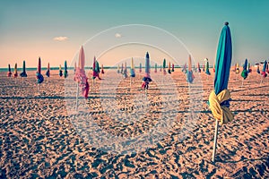 Colorful parasols on Deauville beach, France