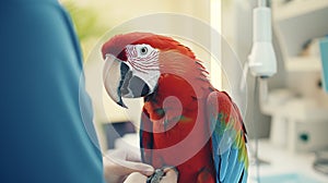 A colorful parrot is being held by a veterinarian in an animal hospital veterinary. A close-up realistic picture of an exotic pet