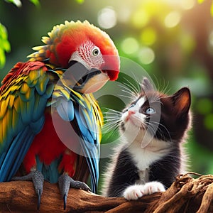 A colorful parrot and a black and white kitten sit together on a tree branch.