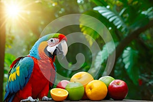 Colorful Parrot Enjoying Fruits at Dusk in a Tropical Rainforest, AI Generated