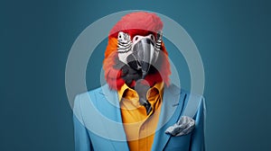 Colorful Parrot Head: A Unique And Stylish Man In A Suit