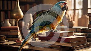 Blue-and-gold Macaw Perched on Stack of Antique Books in a Library
