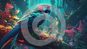 Colorful parrot perched on a branch in the jungle, in the style of psychedelic realism