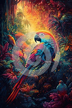 Colorful parrot perched on a branch in the jungle, in the style of psychedelic realism