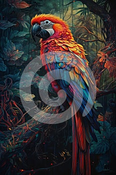 Colorful parrot perched on a branch in the jungle, in the style of psychedelic realism