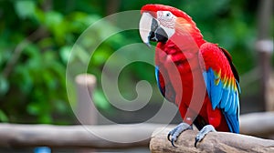 Colorful parrot perched on a log, glancing sideways, AI-generated.