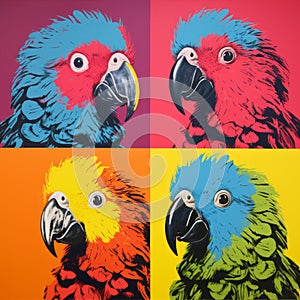 Colorful Parrot Portraits In Andy Warhol Style: A Pop Art Parody