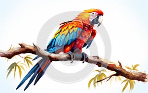 A Colorful Parrot Resting on a Branch Against a White Background -Generative Ai