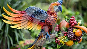 A colorful parrot sculpted from a mix of tropical fruits with its wings spread in flight